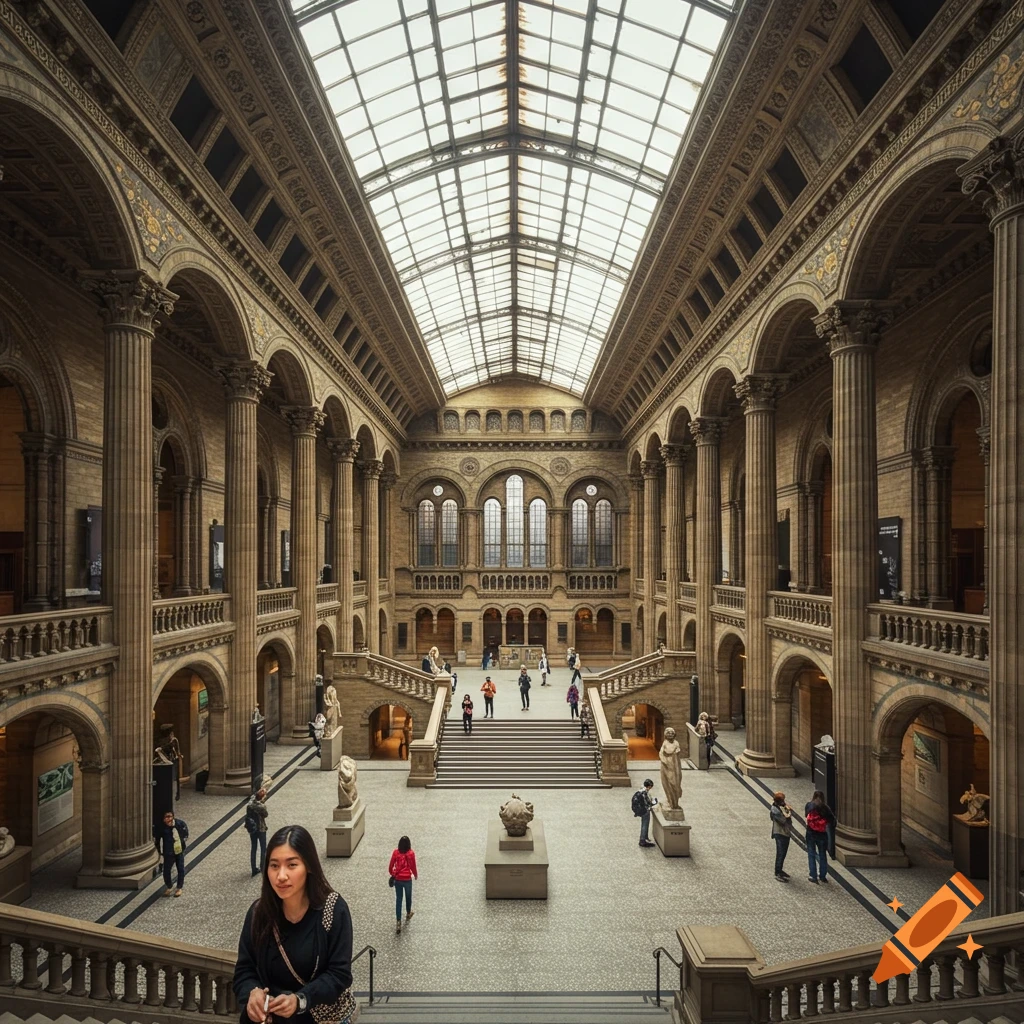 Grand, ornate museum atrium with glass roof, stairs, sculptures, and visitors.
