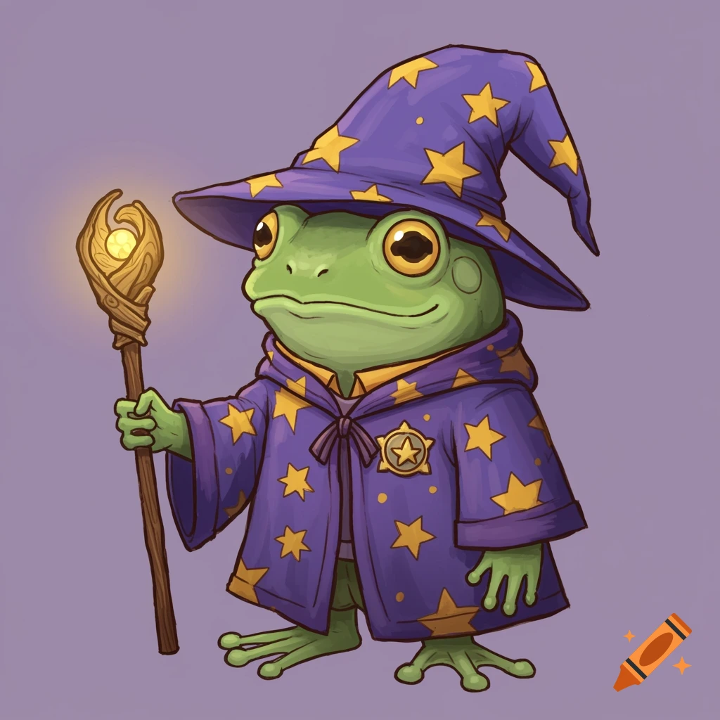 A cute drawn illustration of a frog wearing a purple wizard robe and hat with yellow stars, holding a glowing staff.