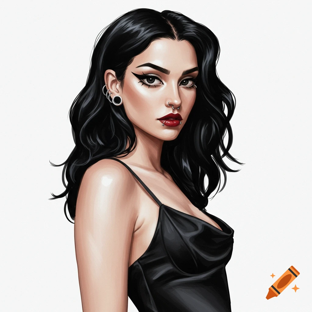A woman with black hair, eyeliner, and piercings is wearing a black dress.