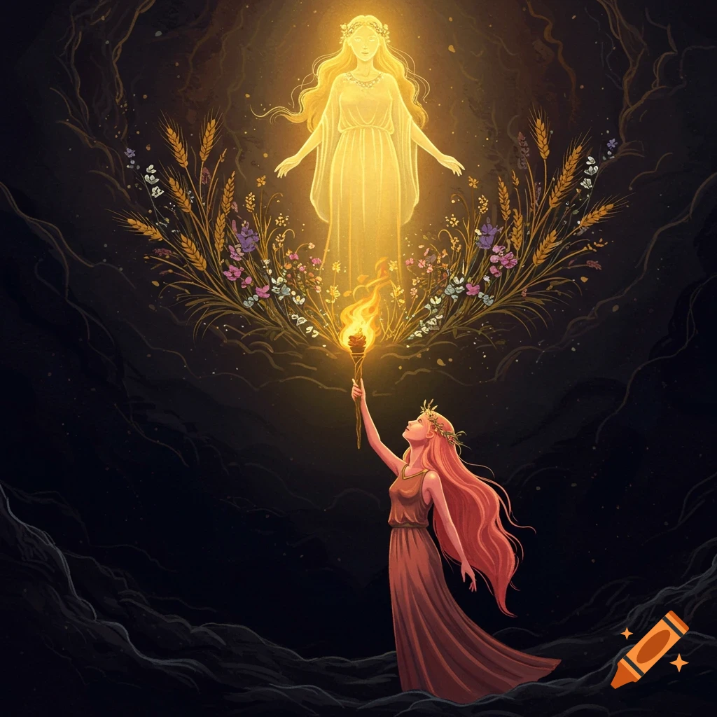 Stylized fantasy art of a woman holding a torch, reaching up to a glowing figure surrounded by wheat and flowers in a dark cavern.