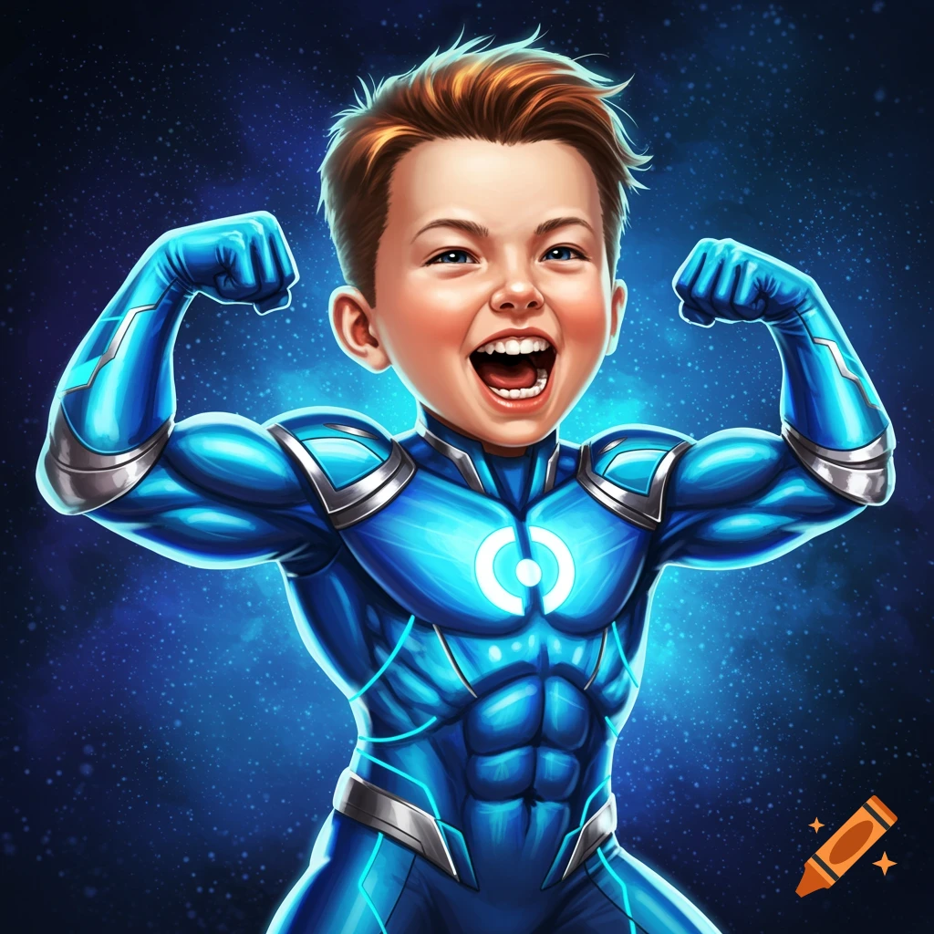 A young boy in a blue superhero suit flexing his muscles against a cosmic background.