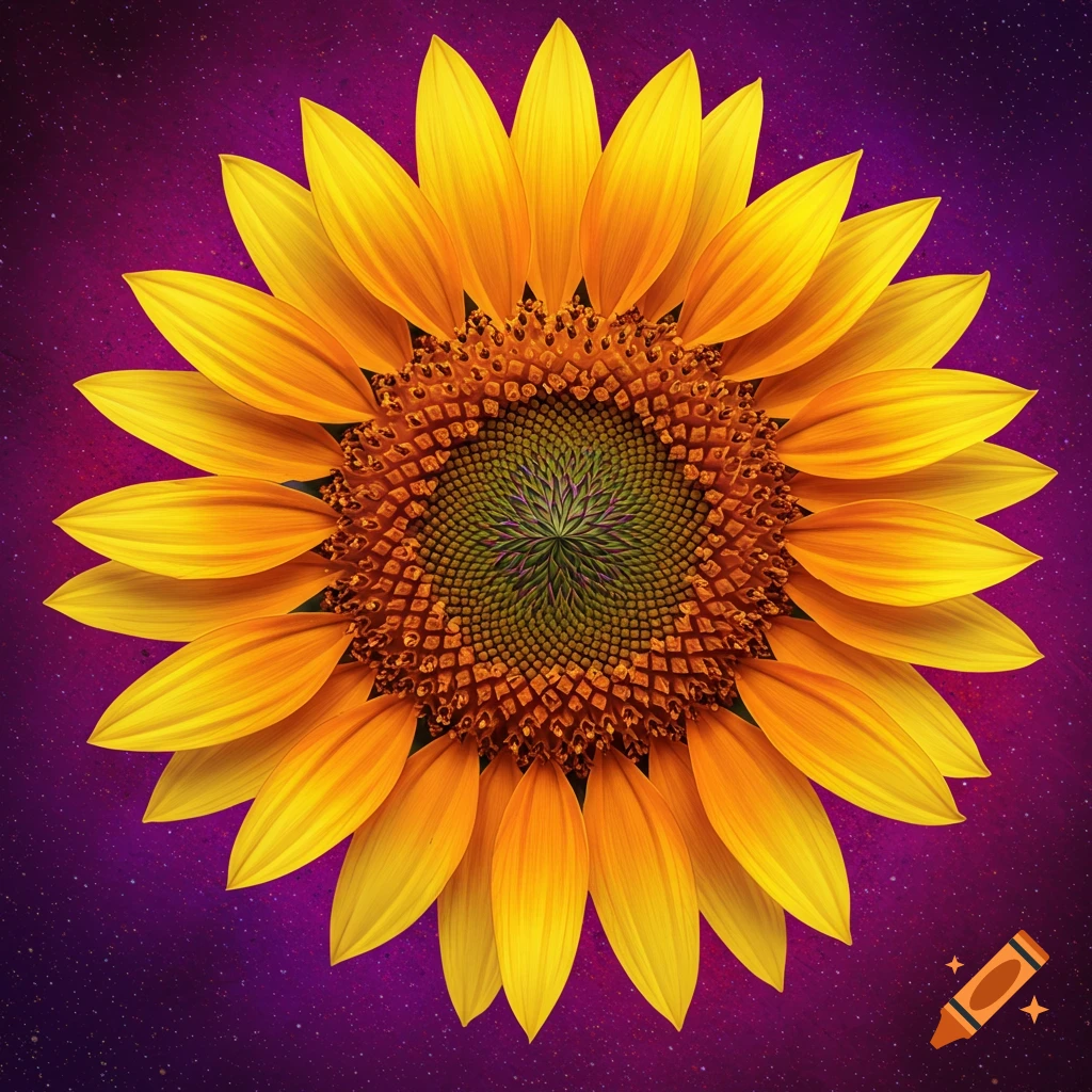A sunflower against a purple starry background.