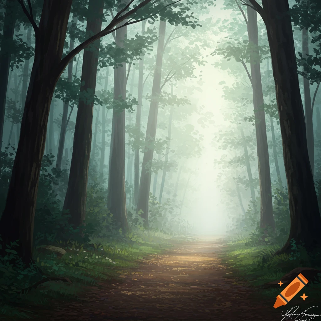 Misty forest path with sunlight filtering through trees