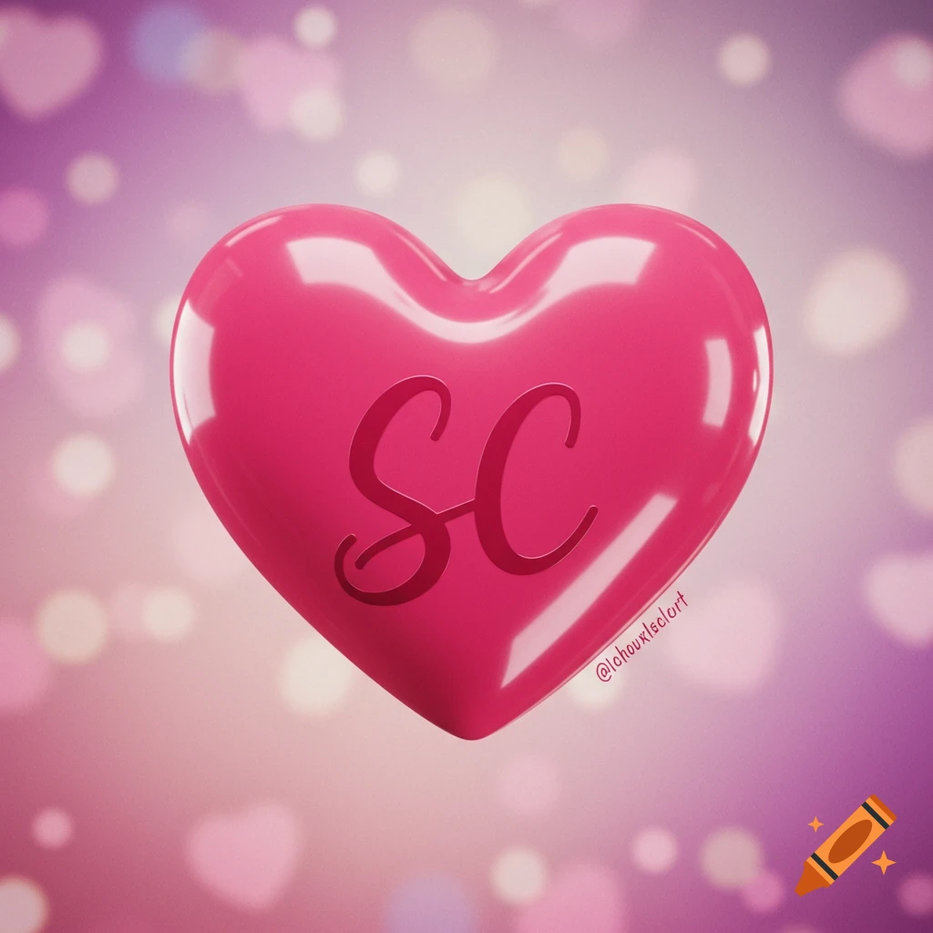A shiny pink heart with the letters SC in cursive against a bokeh background of pink and purple hearts.