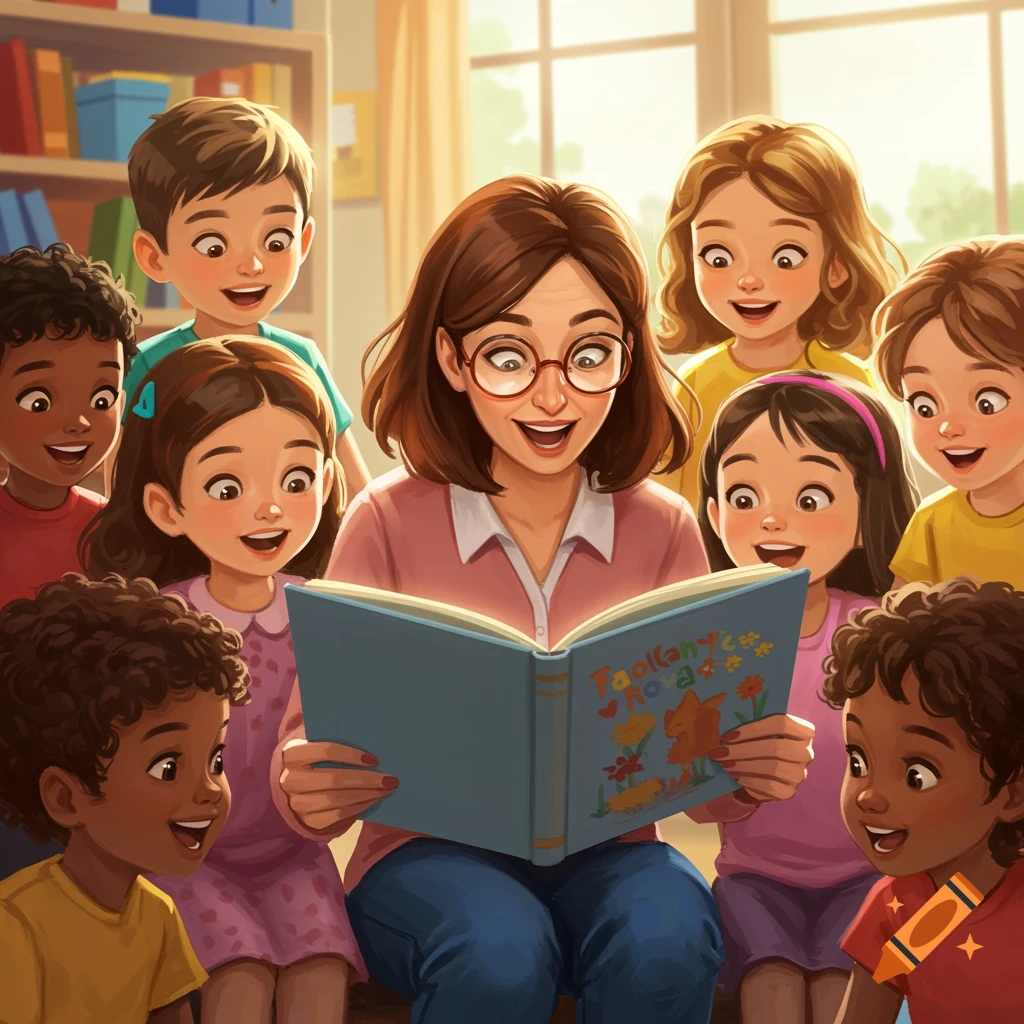 Teacher reading a storybook to a diverse group of children in a sunny classroom.
