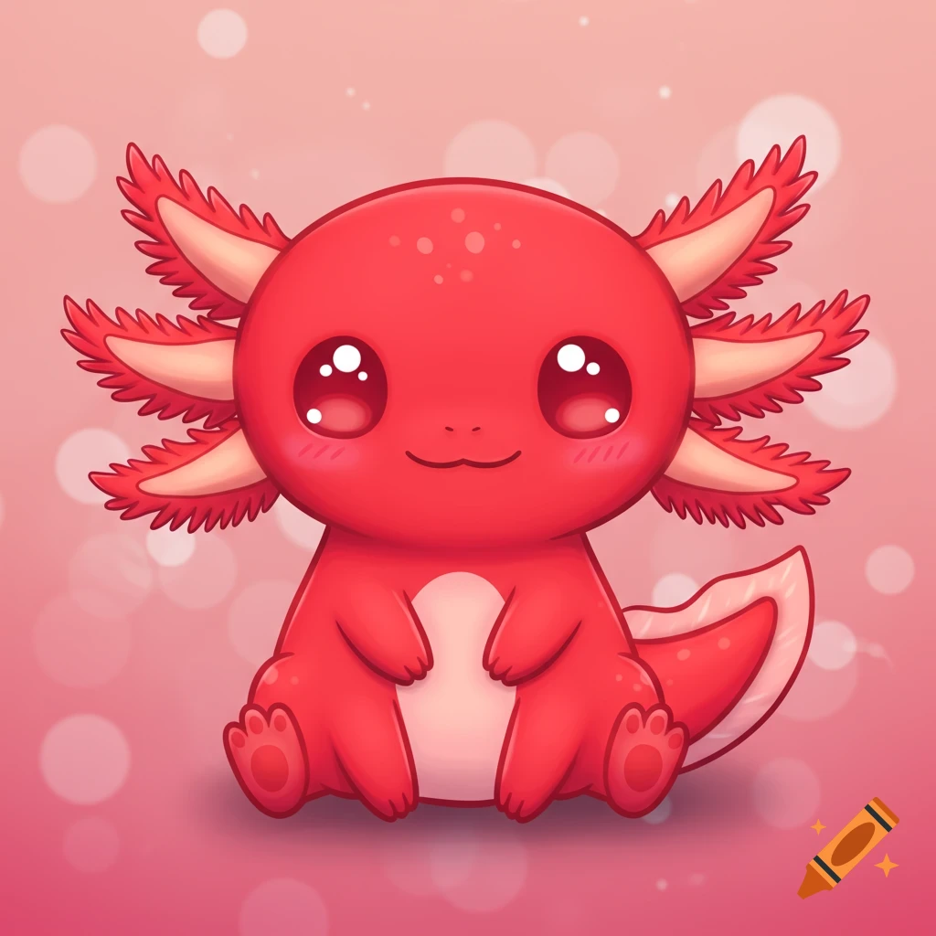 A cute red cartoon axolotl sits on a pink background.