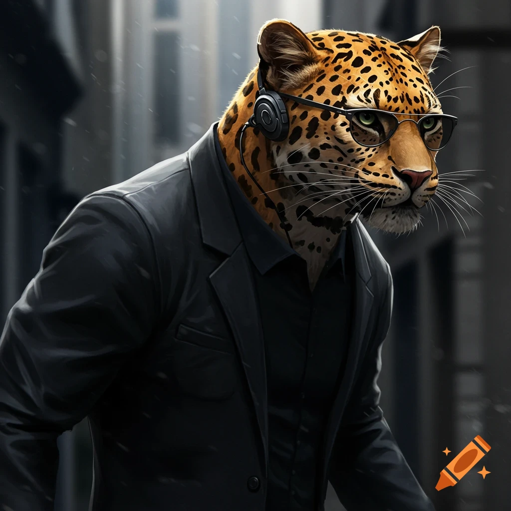 A leopard in a black suit, glasses, and headphones walks down a blurry city street.