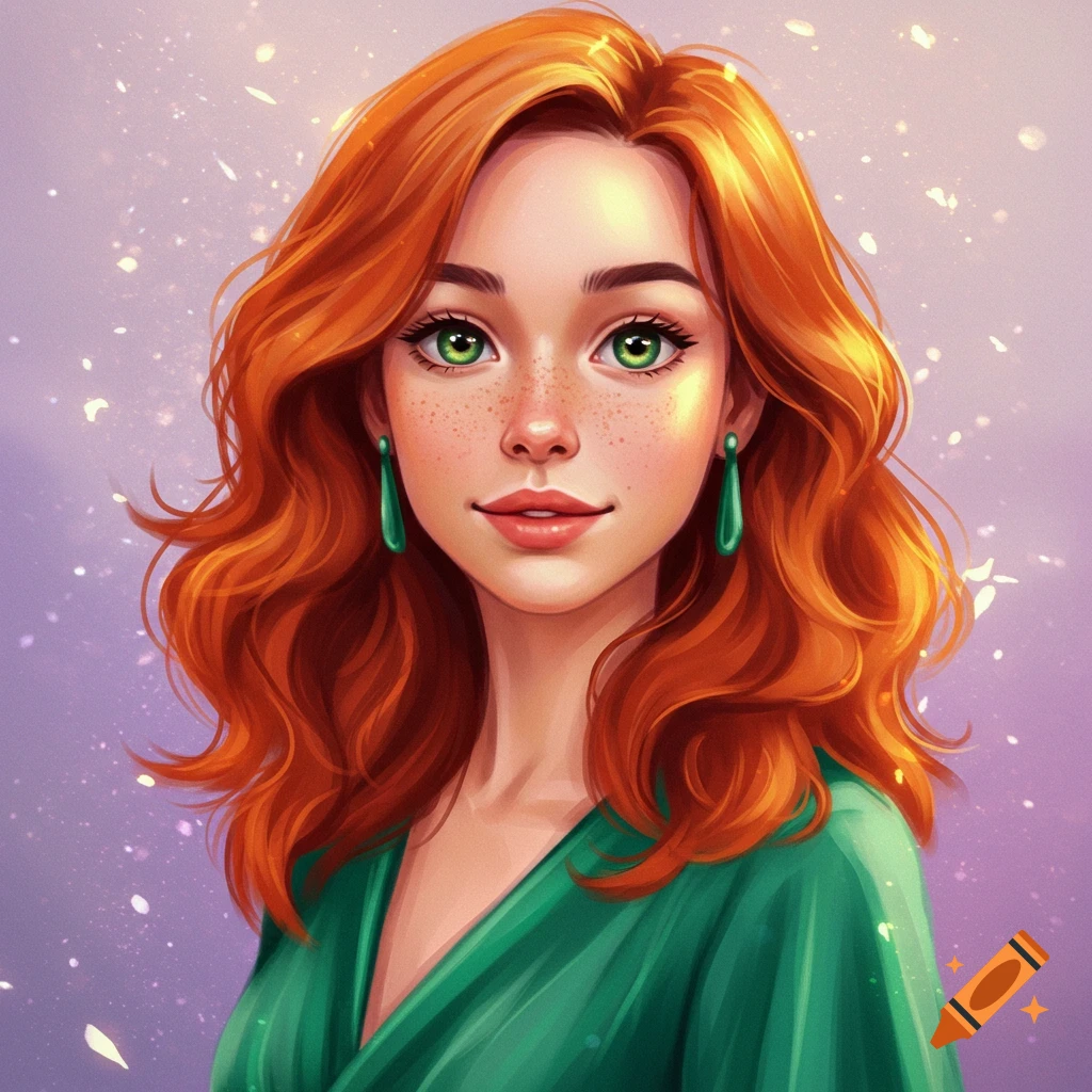 A portrait of a woman with red hair, green eyes, and freckles, wearing a green dress.