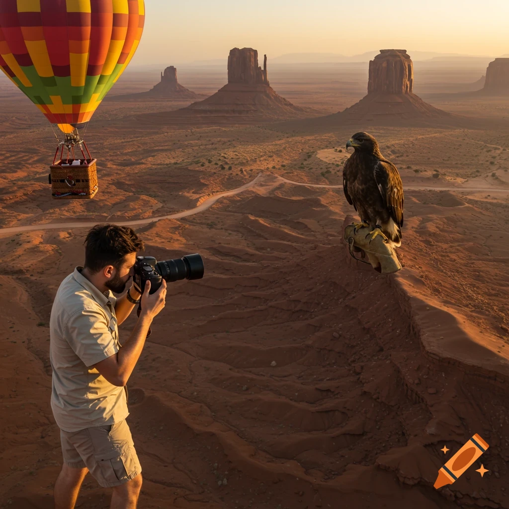 A photographer takes pictures of an eagle and desert buttes from a hot air balloon at sunset.