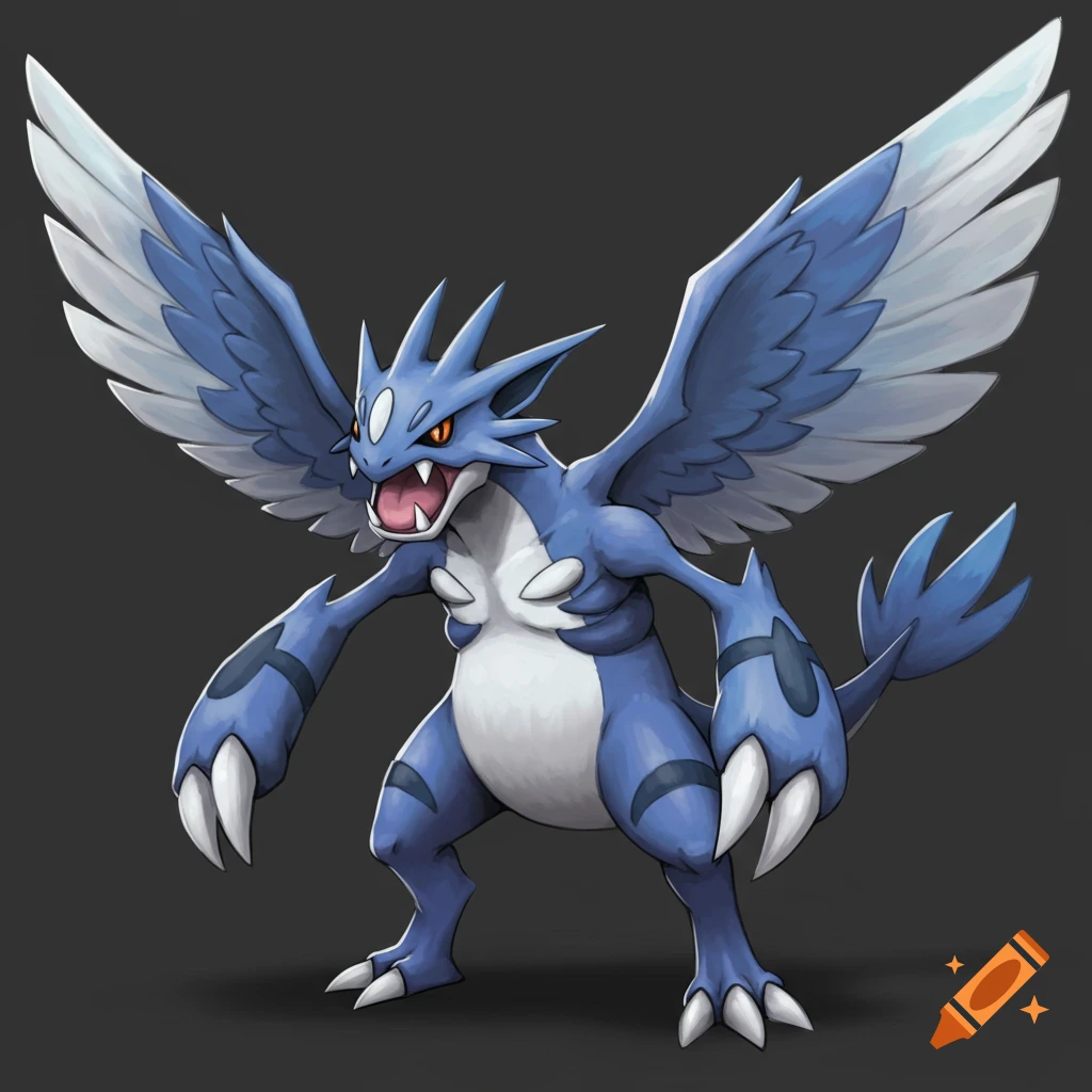 A blue and white winged creature with large claws and sharp teeth stands ready.