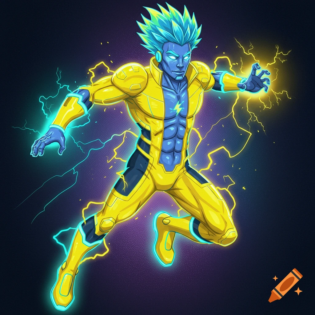 Image of a blue-skinned superhero in a yellow and blue suit generating lightning.