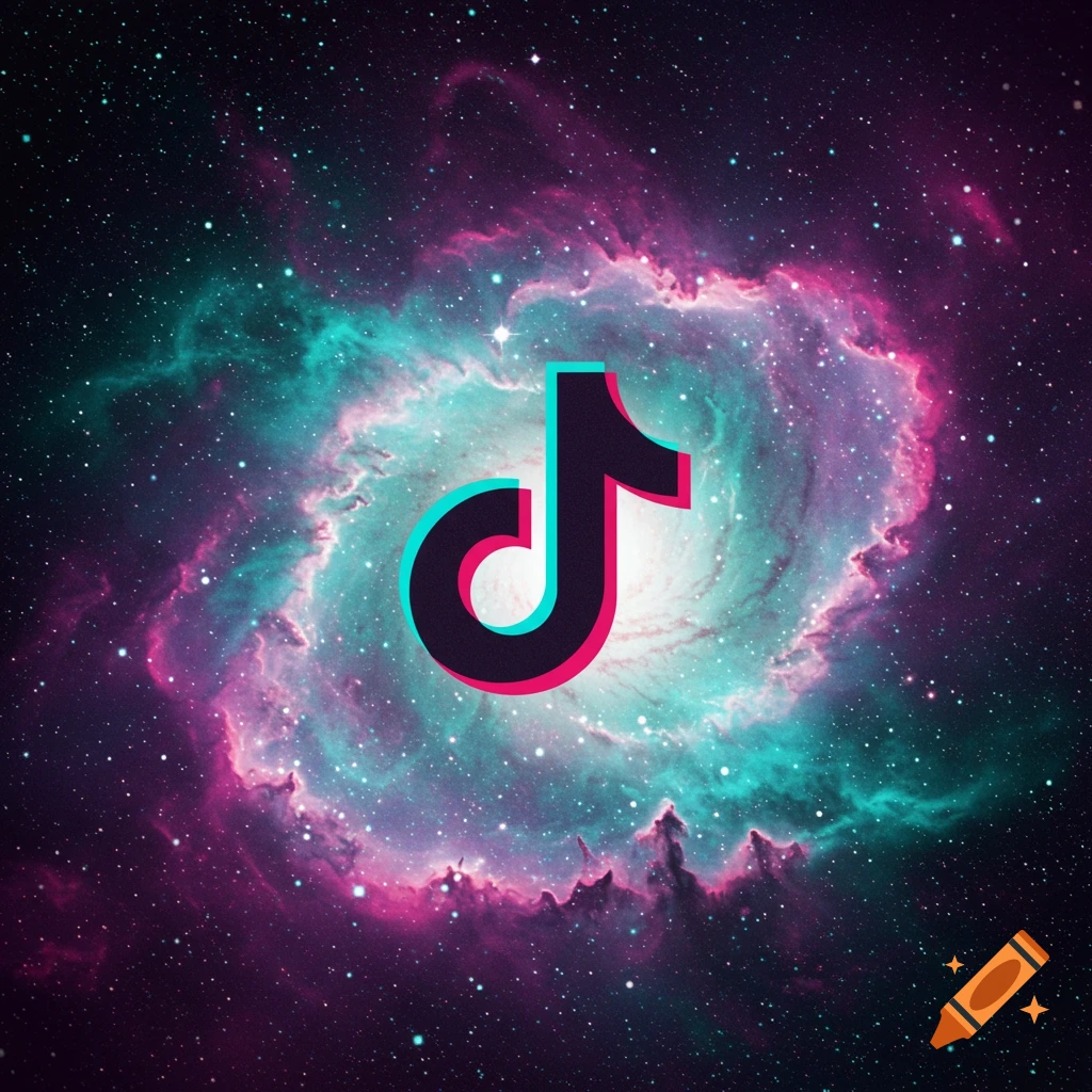 TikTok logo centered in a colorful galaxy nebula