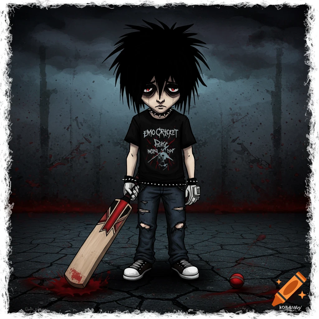 Digital illustration of an emo character with spiky hair and dark eyes, holding a bloody cricket bat, with a ball and bloodstains on the ground.