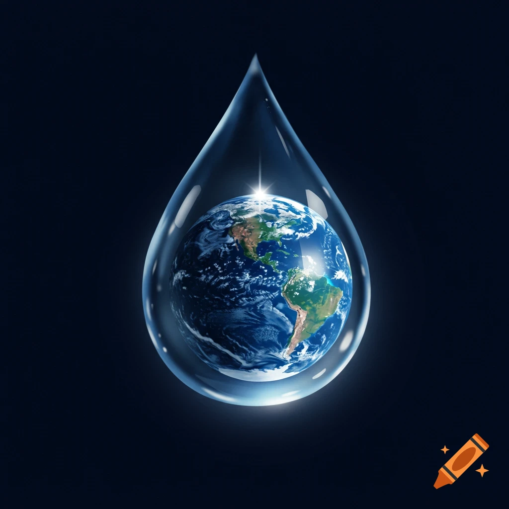 The Earth is visible inside a clear water drop on a dark blue background.