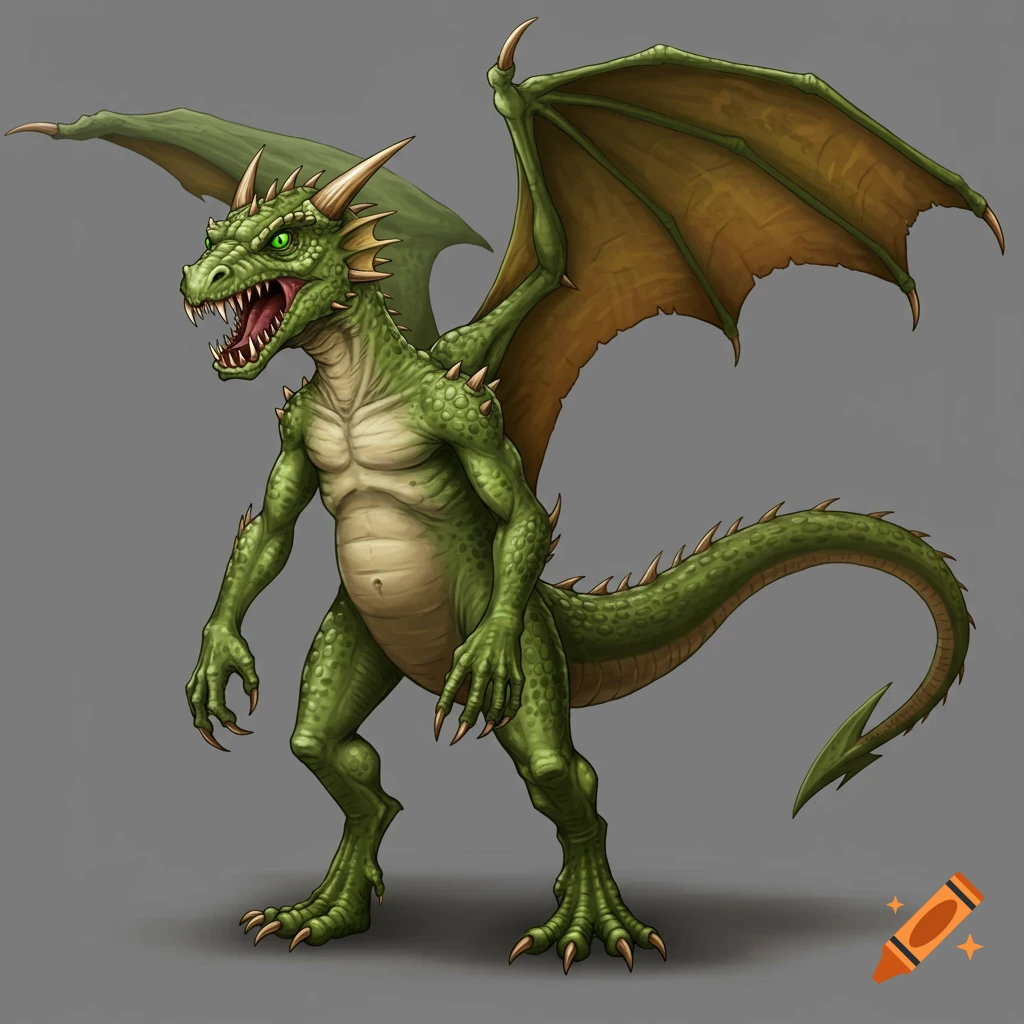 A green winged dragon standing upright with its mouth open