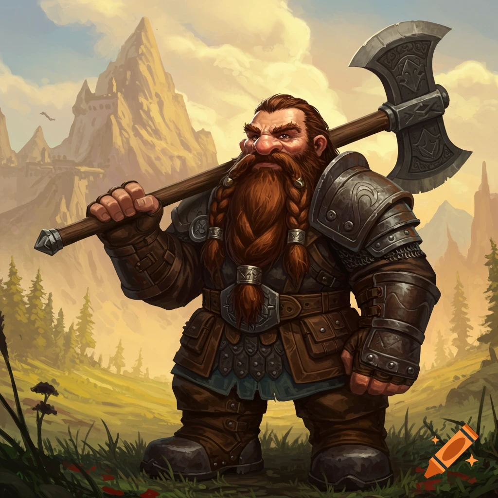 A fantasy dwarf in armor holding an axe over his shoulder in a mountain landscape.