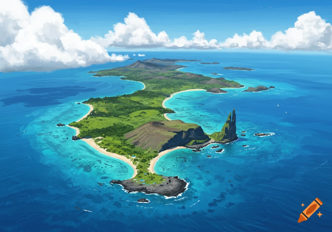 Aerial view of a tropical island chain with beaches and clear blue water