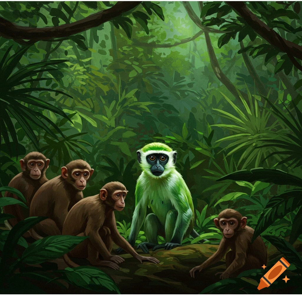 A green monkey sits among brown monkeys in a lush jungle