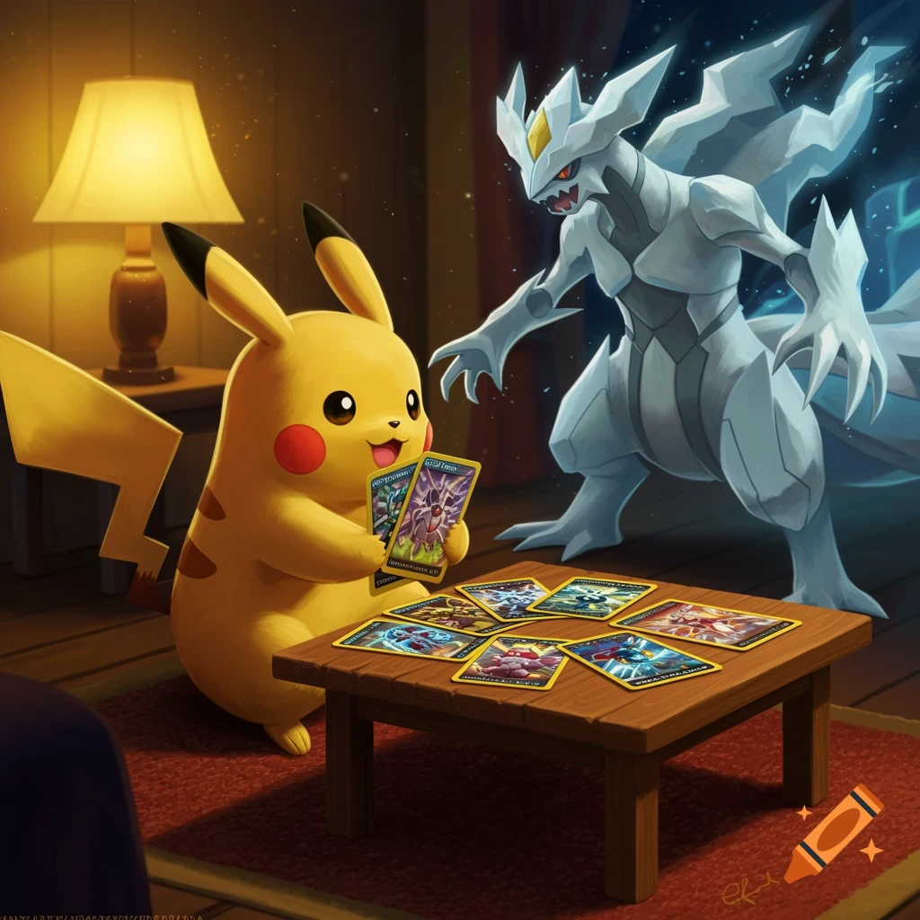 Pikachu and White Kyurem play the Pokemon card game in a cozy room.