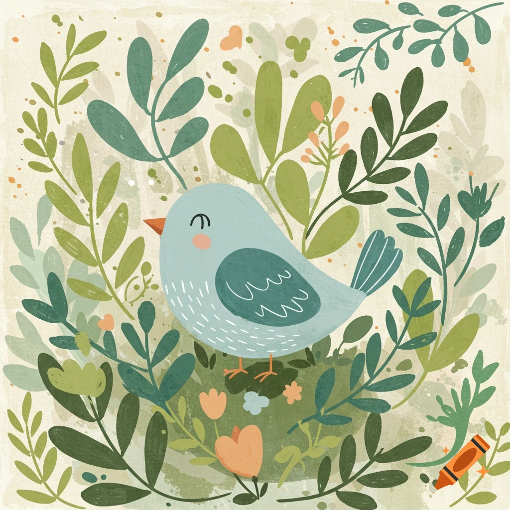 A cute blue bird is nestled among green leaves and flowers, depicted in a Scandinavian style.