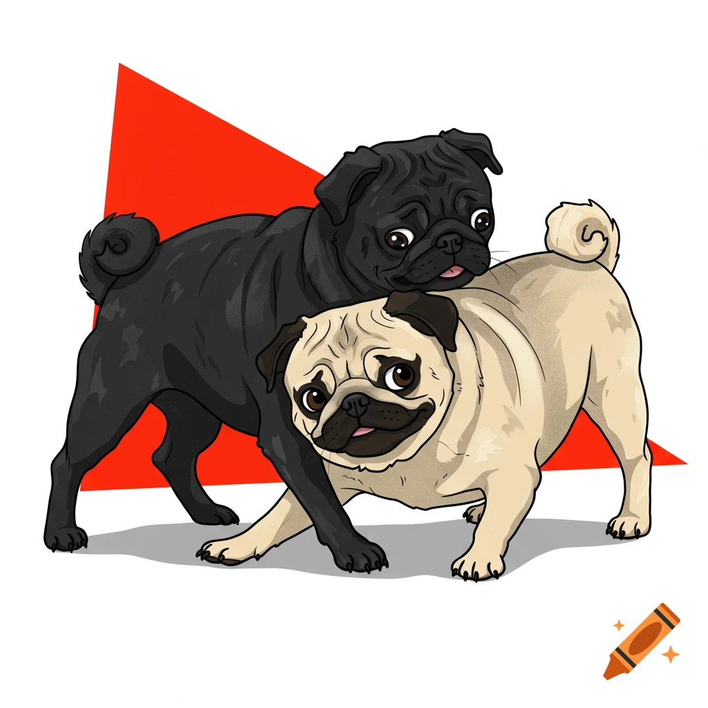 Vector illustration of a black pug and a fawn pug against a red triangle background