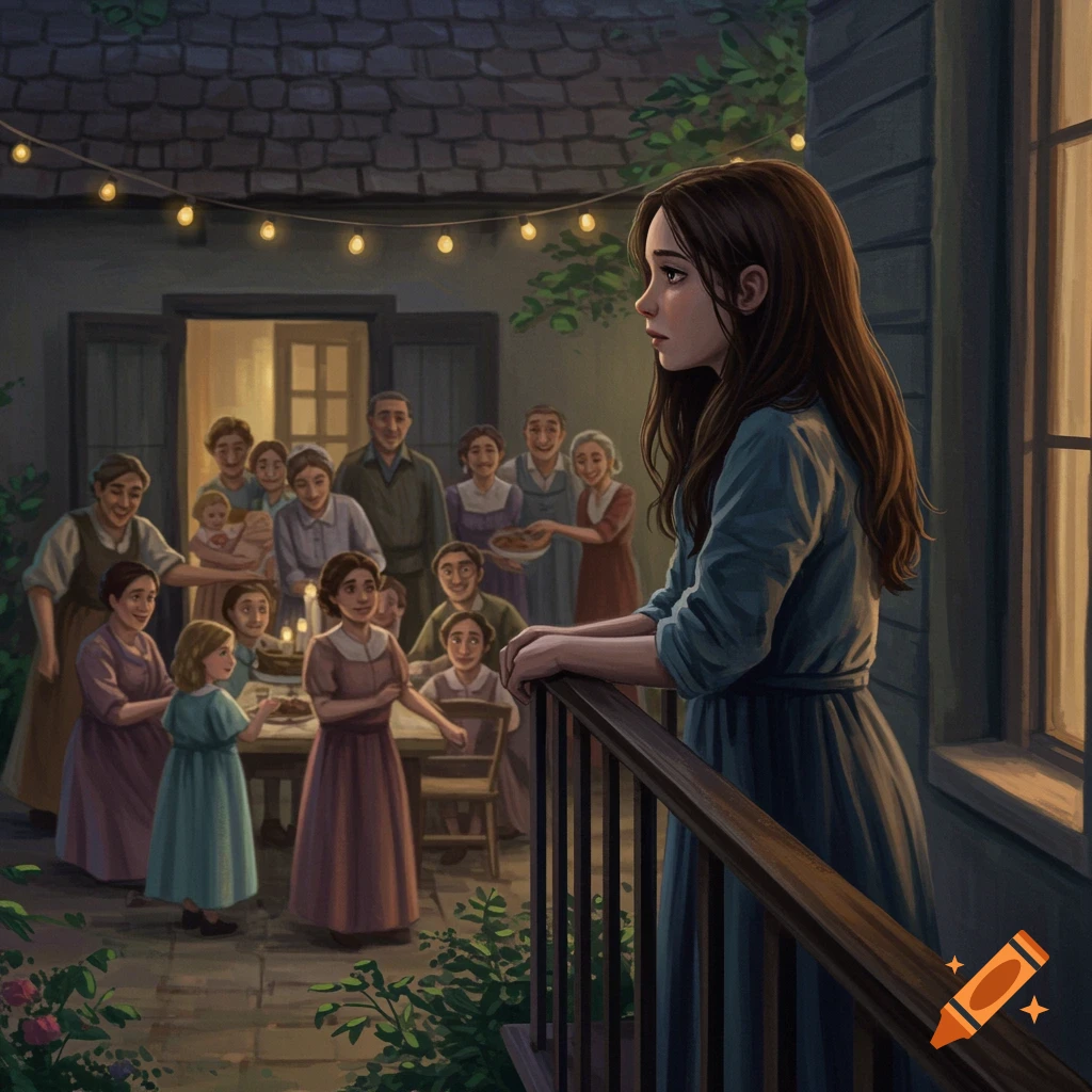 A melancholic girl watching a family gathering from a balcony.