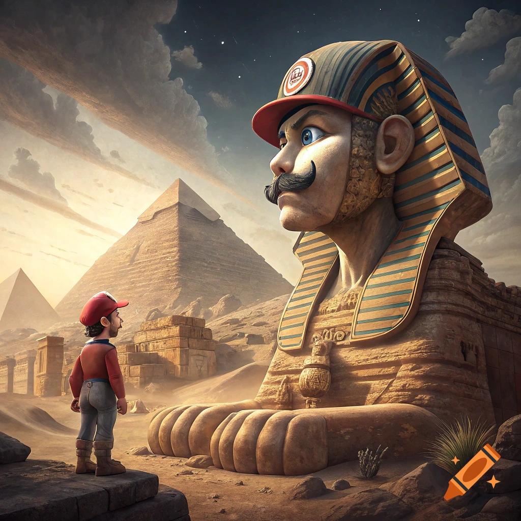 Small figure resembling Mario looking up at a giant Mario-headed sphinx in a desert with pyramids.