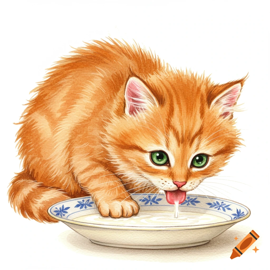 Orange kitten drinking milk from a dish in watercolor style.
