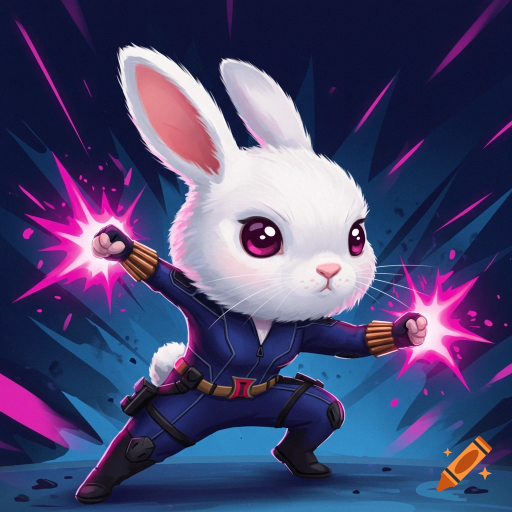 A cute white rabbit dressed as Black Widow with glowing pink fists.