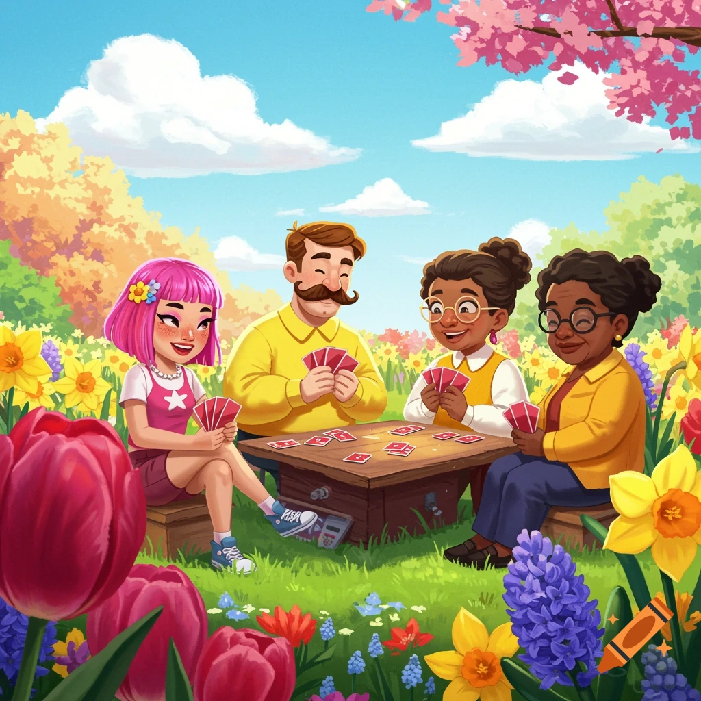 Cartoon of people playing cards outdoors in a field of colorful spring flowers under a blue sky.