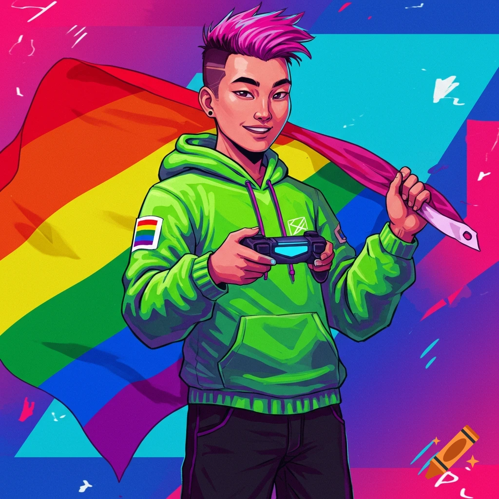 Illustration of a person with pink hair holding a video game controller and a rainbow flag.