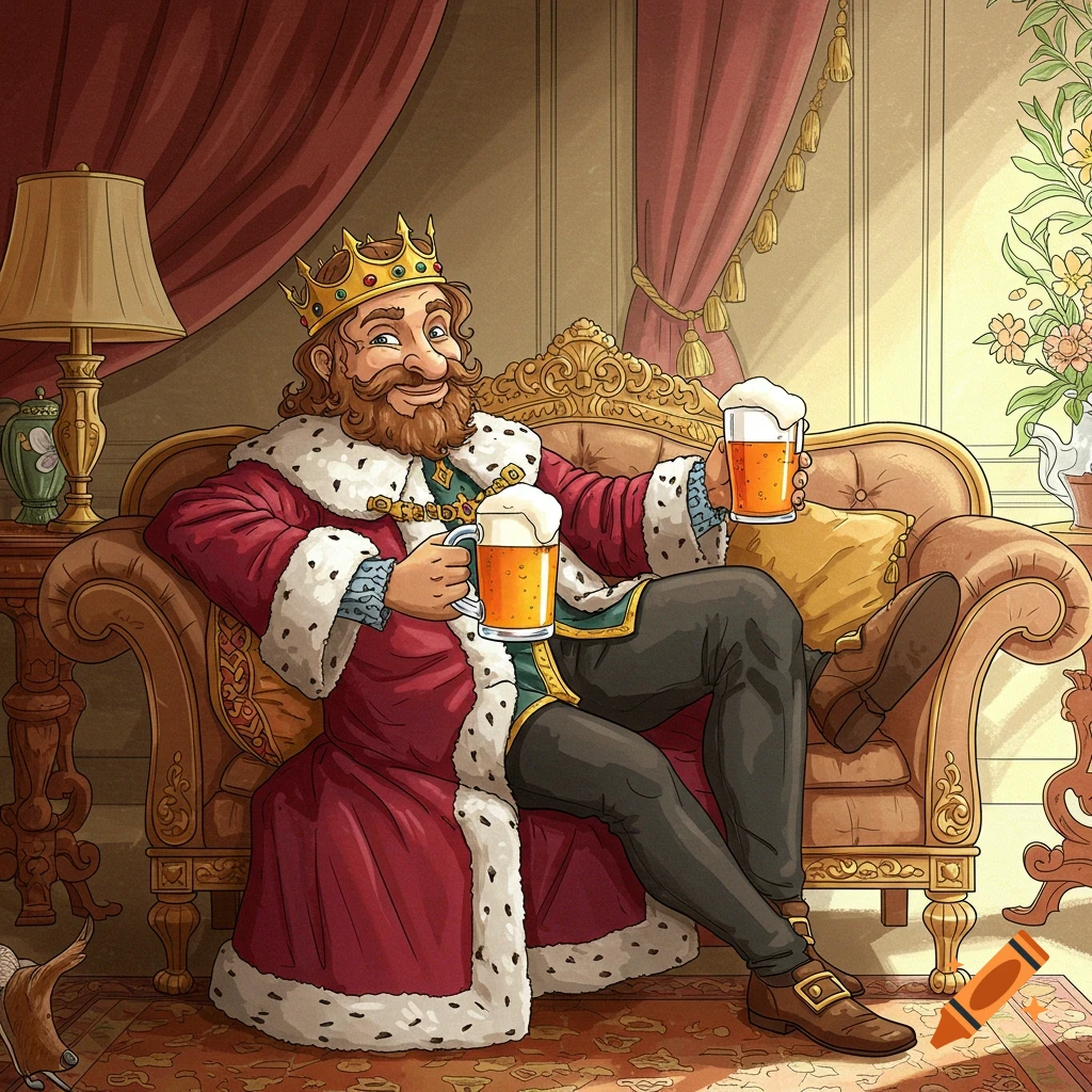 Cartoon king sits on a sofa holding two mugs of beer.
