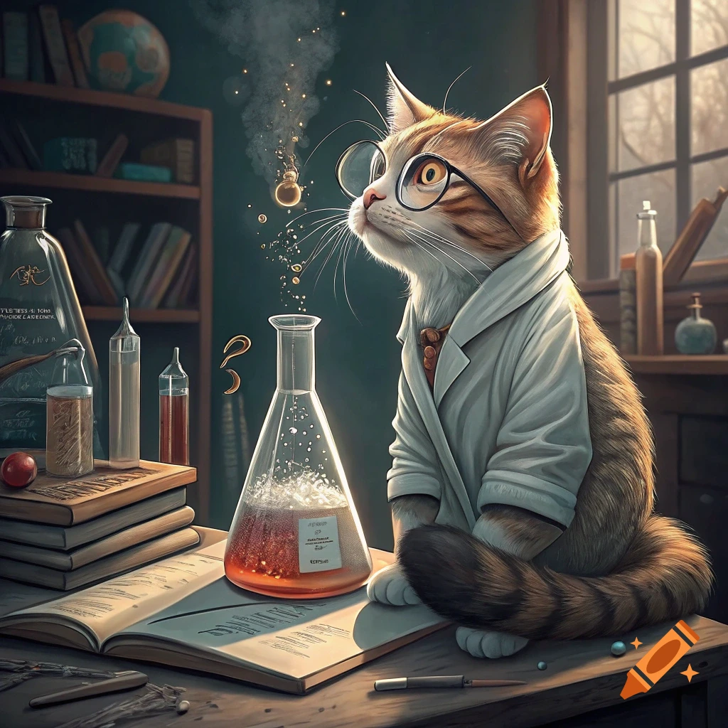 An illustration of a cat in a lab coat and glasses sitting at a desk with a bubbling science flask.
