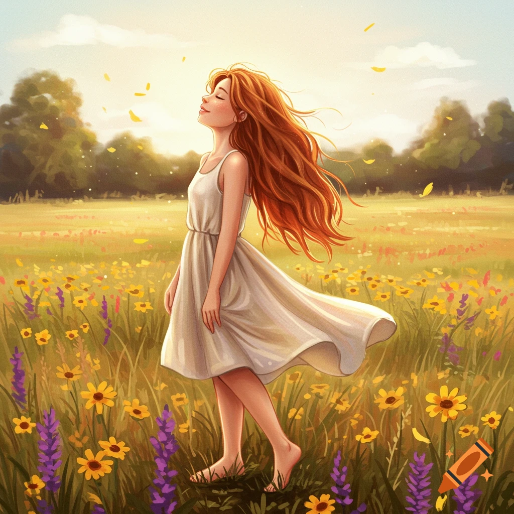 A girl stands barefoot in a sunlit meadow with flowing hair and dress.