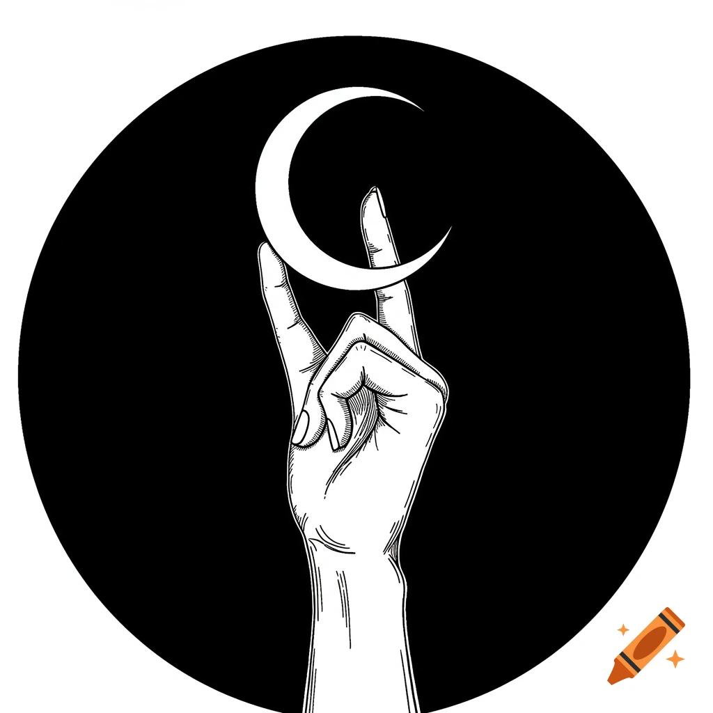 Black and white drawing of a hand holding a crescent moon within a black circle.