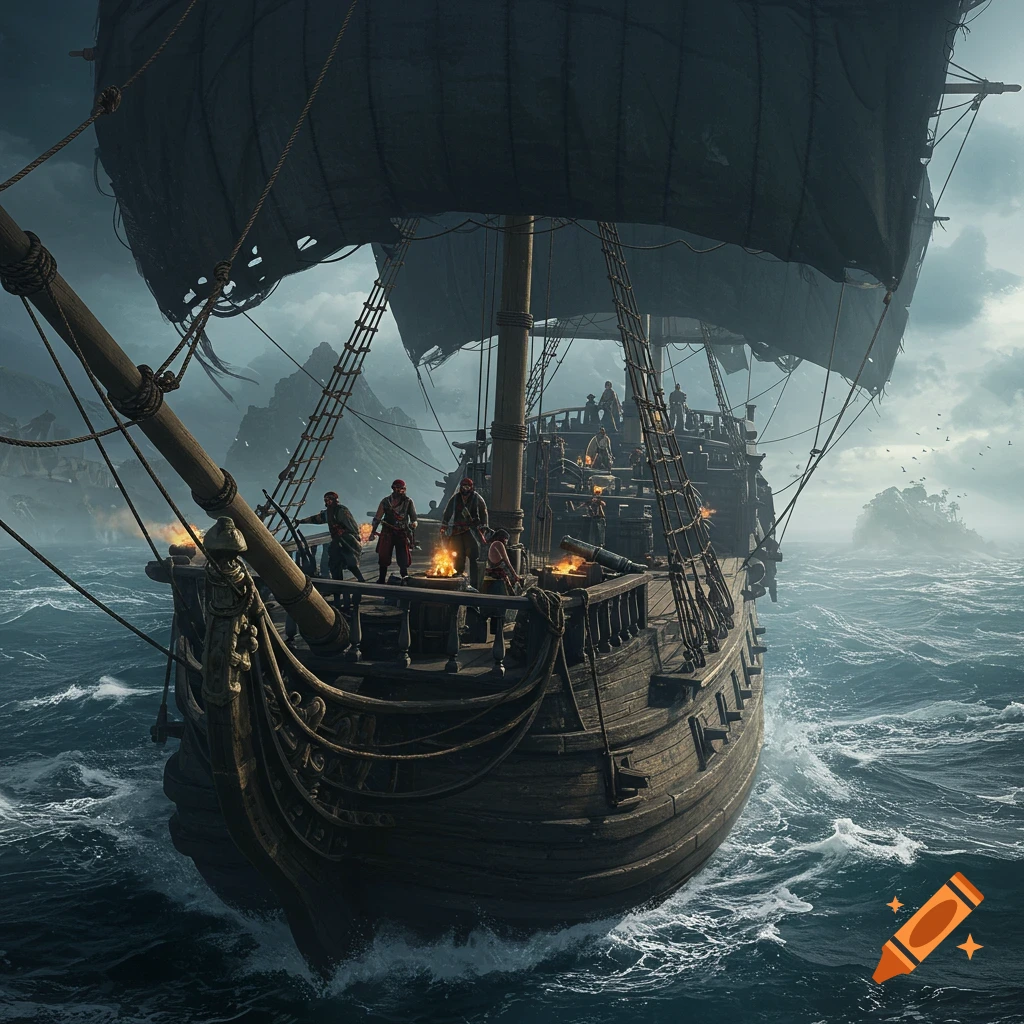 A pirate ship sailing rough seas, cannons firing