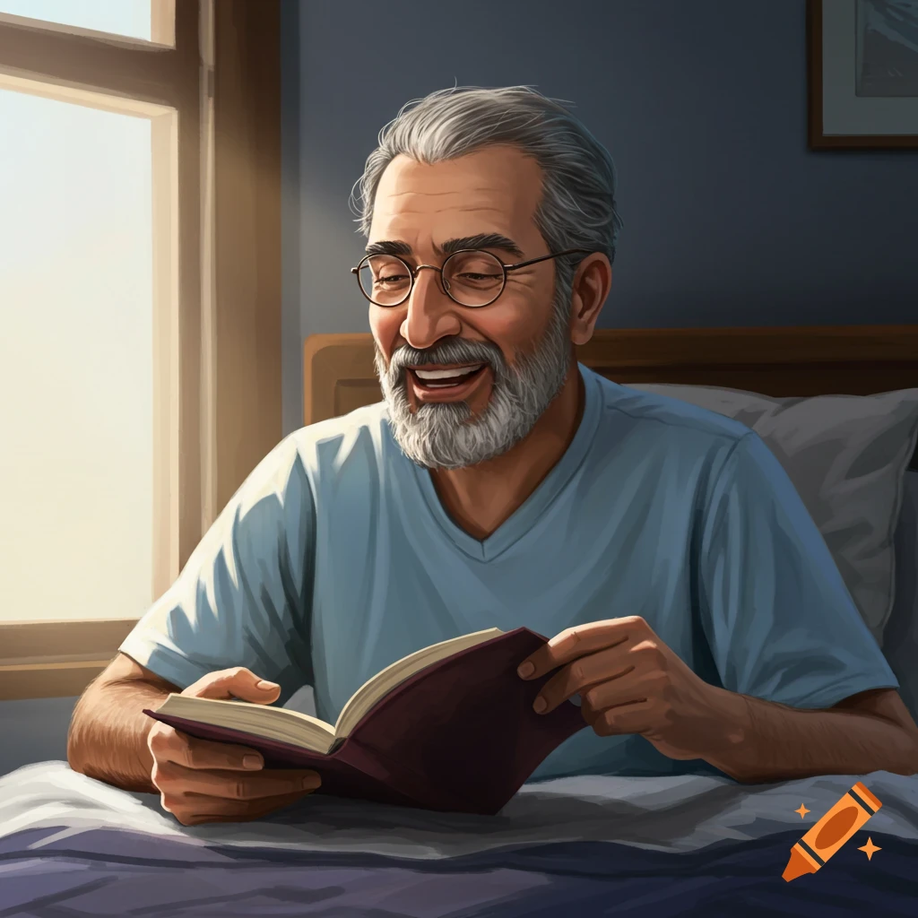 A smiling older man with a beard and glasses reading a book in bed in the morning light.