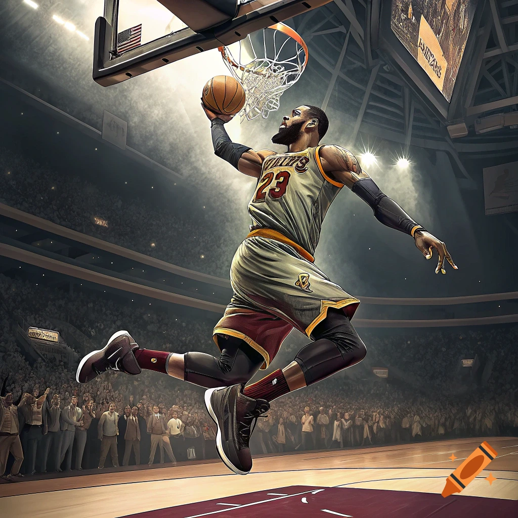 Lebron James dunks a basketball in a crowded arena.