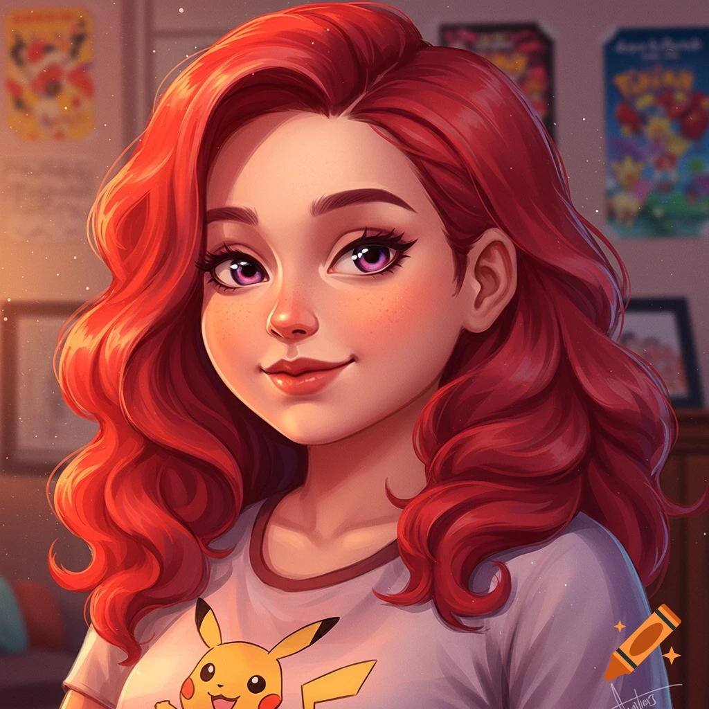 A portrait of a red-haired woman wearing a Pikachu t-shirt.