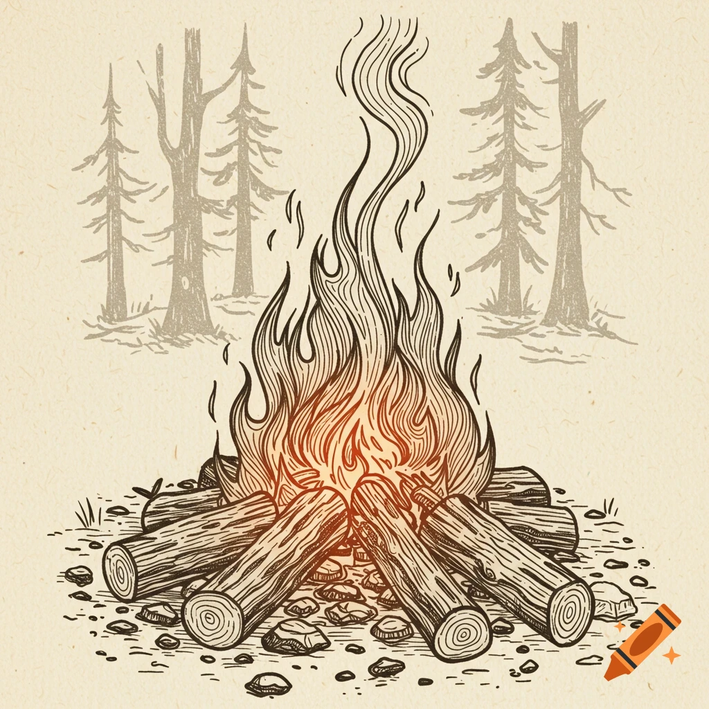 A line drawing of a campfire with logs, rocks, and smoke in front of stylized trees.