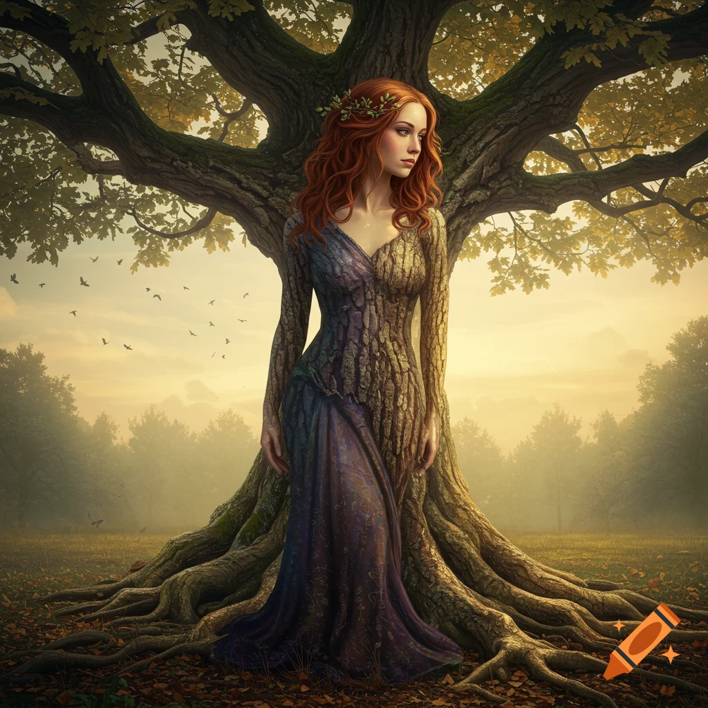 A woman with red hair is integrated into a large tree within a golden forest landscape.