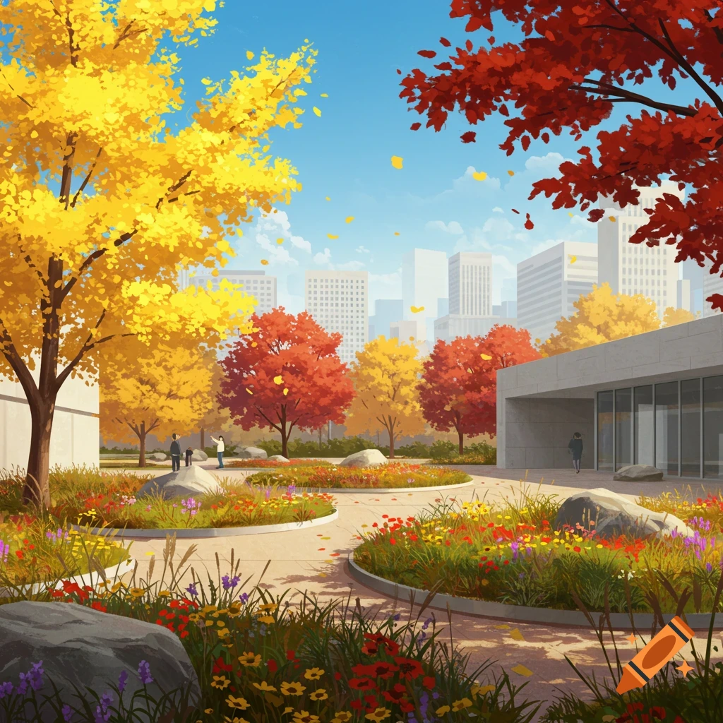 A contemporary courtyard garden with autumn trees and a city skyline in the background.