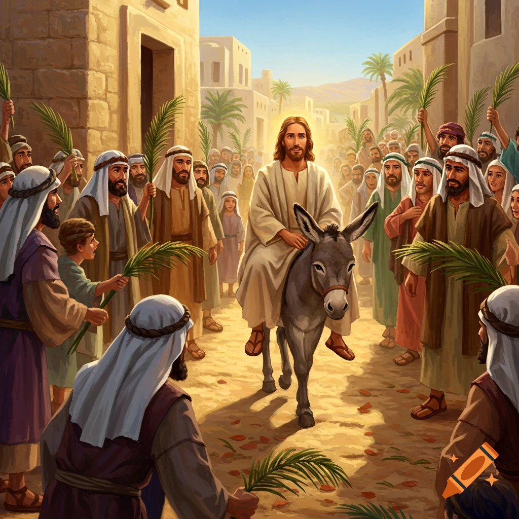 Jesus riding a donkey into a town greeted by a crowd waving palm fronds.