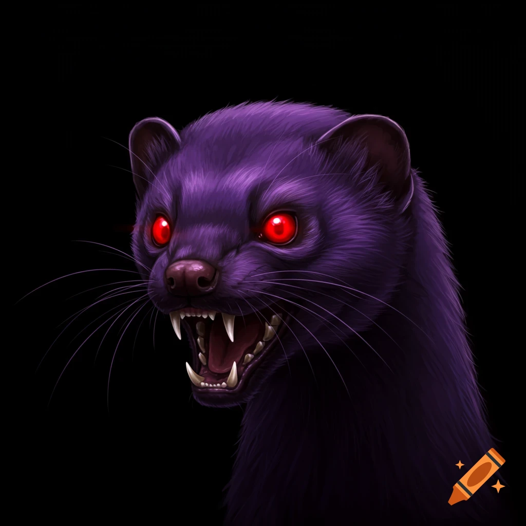 A snarling purple least weasel with glowing red eyes on a dark background.