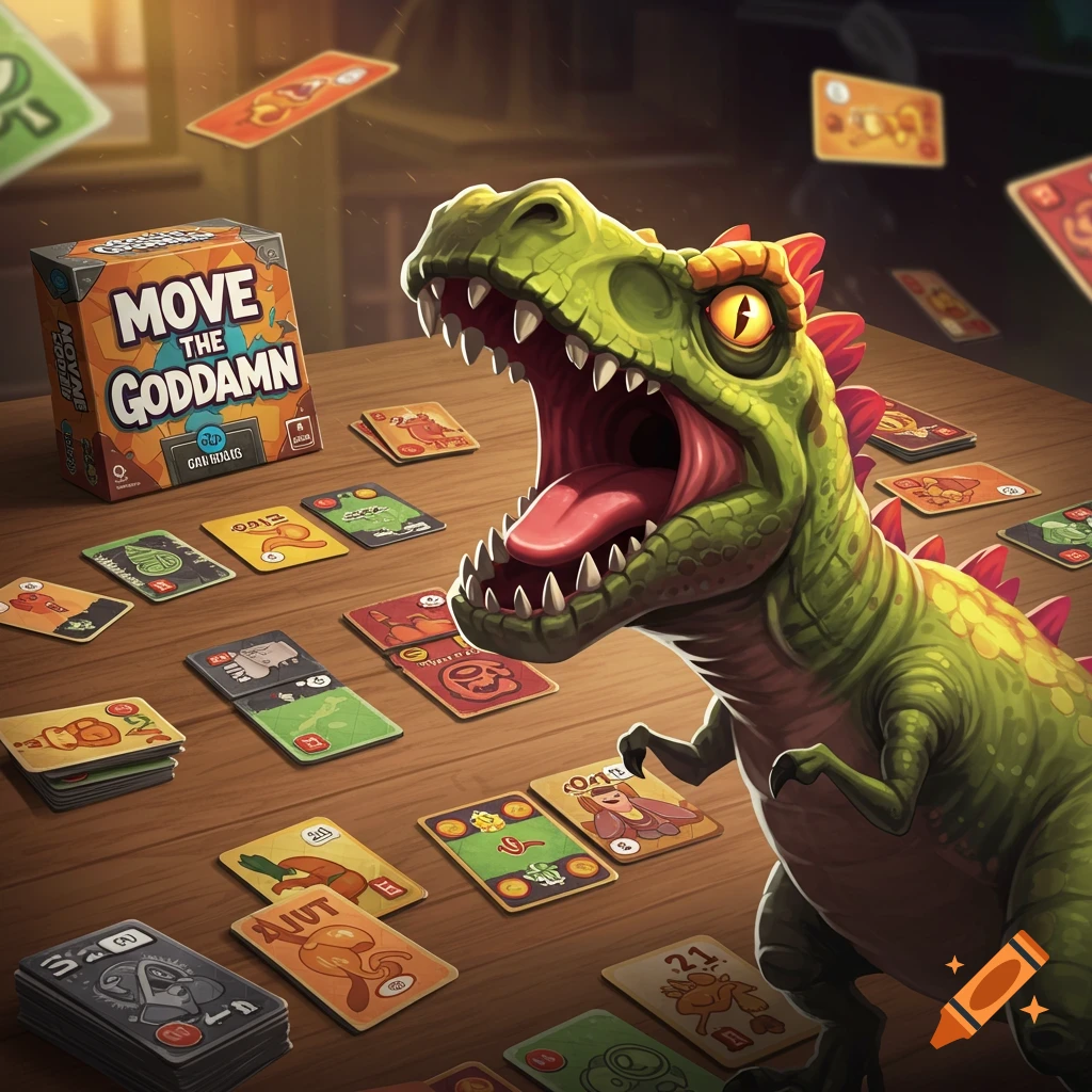 Cartoon dinosaur yelling next to a card game titled Move the Goddamn on a table.