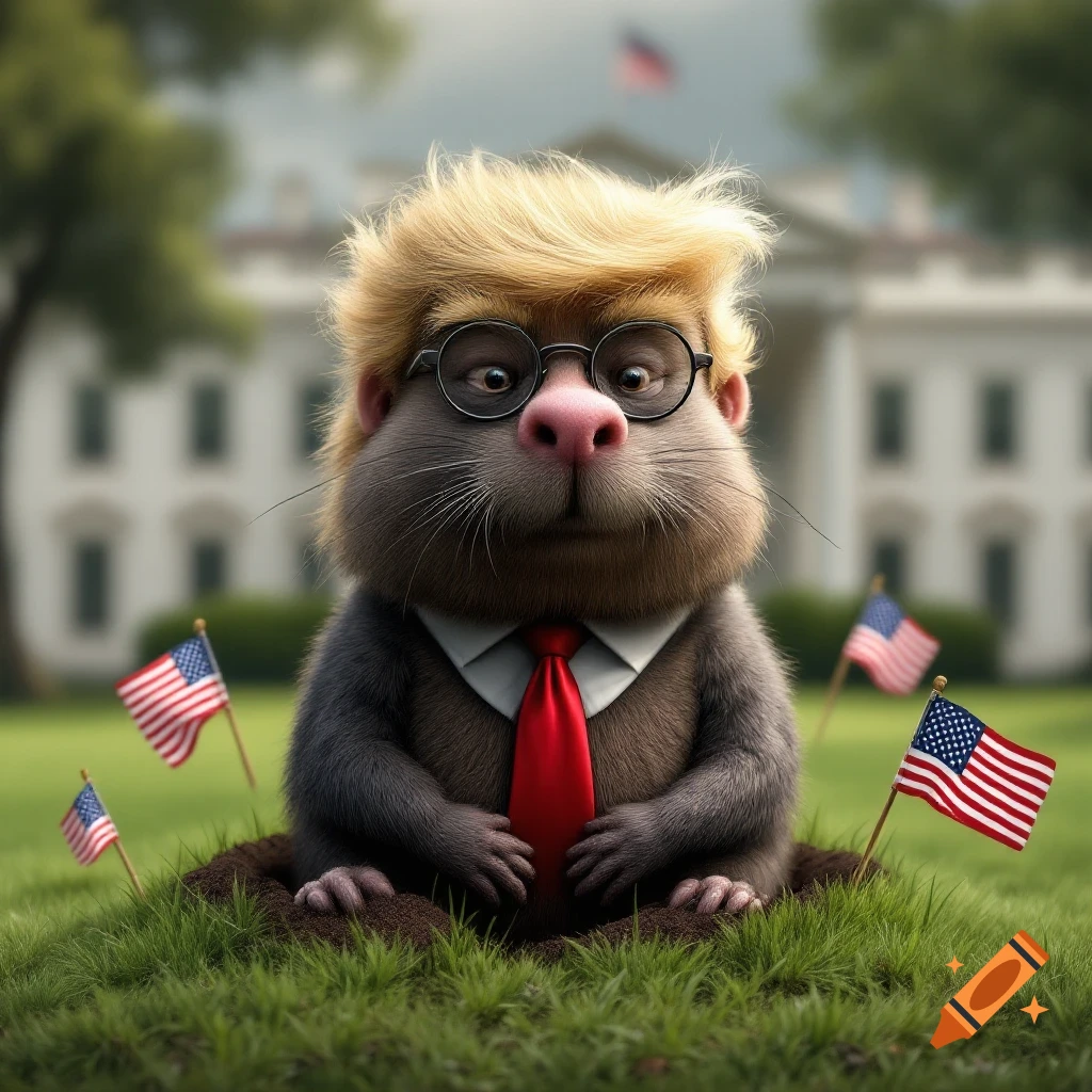 Illustration of a mole caricature resembling Donald Trump with blonde hair and red tie emerging from the White House lawn, surrounded by small American flags.
