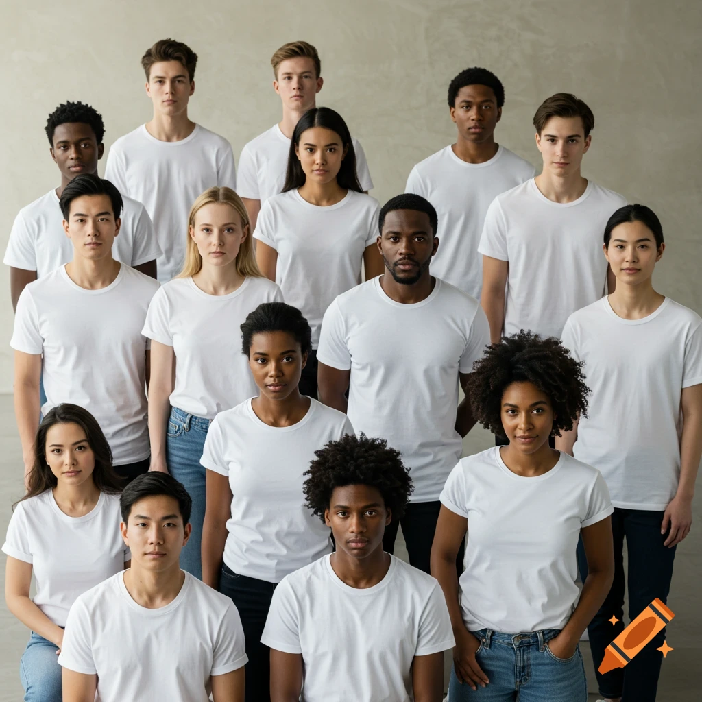 Group of diverse people wearing blank white t-shirts looking at the camera, stock photo.