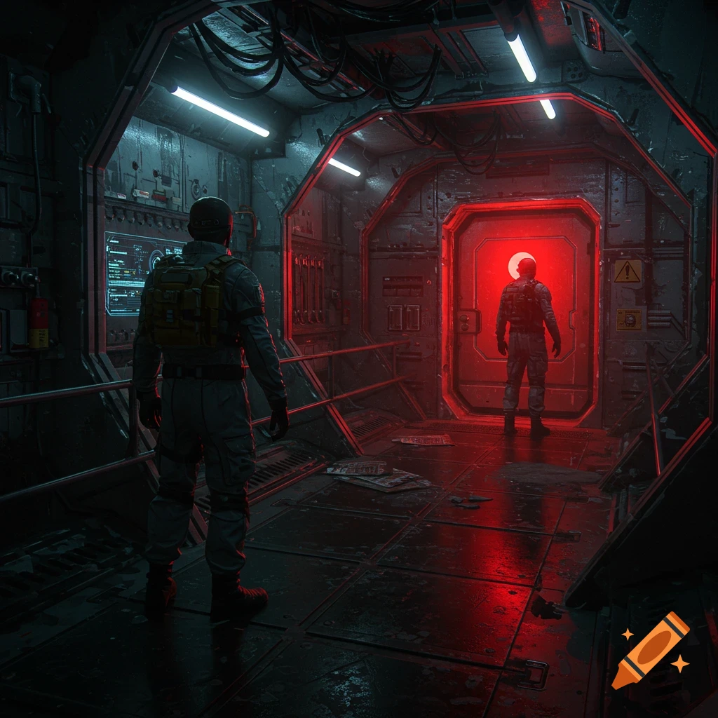 Two figures in a dark, red-lit sci-fi spaceship corridor, one facing a glowing red door.