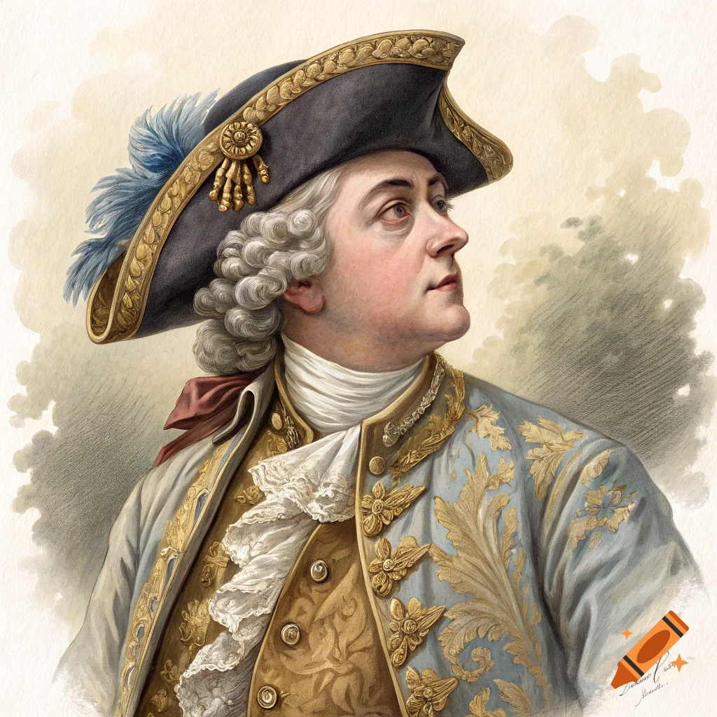 Watercolor portrait of a man in 18th-century French clothing with a feathered hat