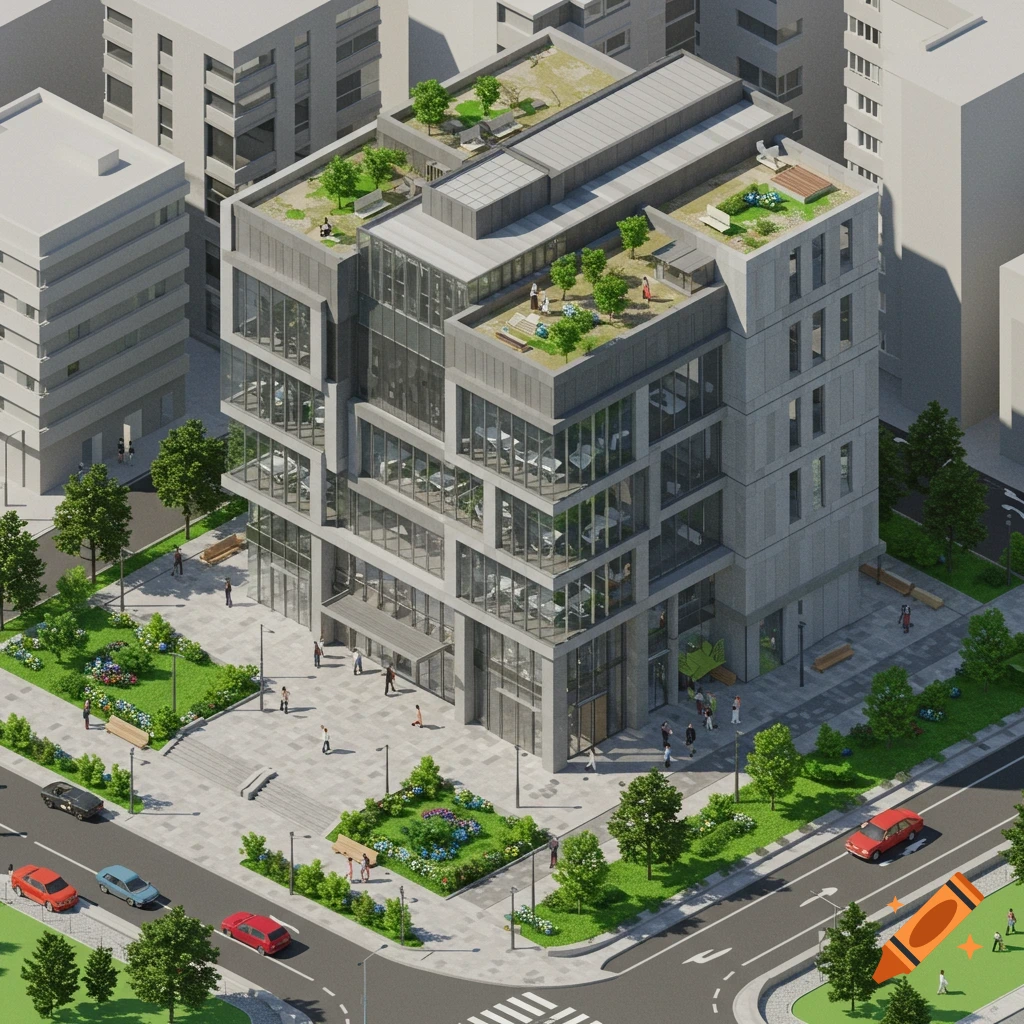 Isometric view of a modern business center with landscaping, people, and cars.